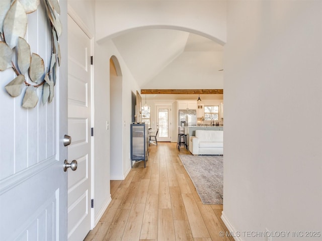 entrance foyer with lofted ceiling and light wood-type flooring