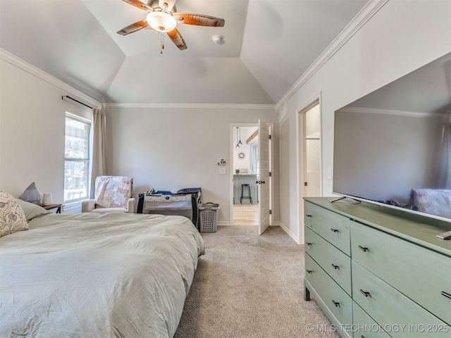 carpeted bedroom featuring ceiling fan, lofted ceiling, and ornamental molding