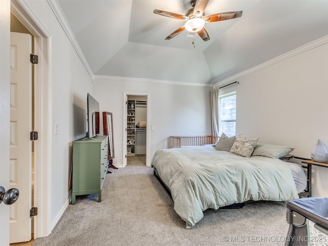 carpeted bedroom with lofted ceiling, ornamental molding, a spacious closet, ceiling fan, and a closet