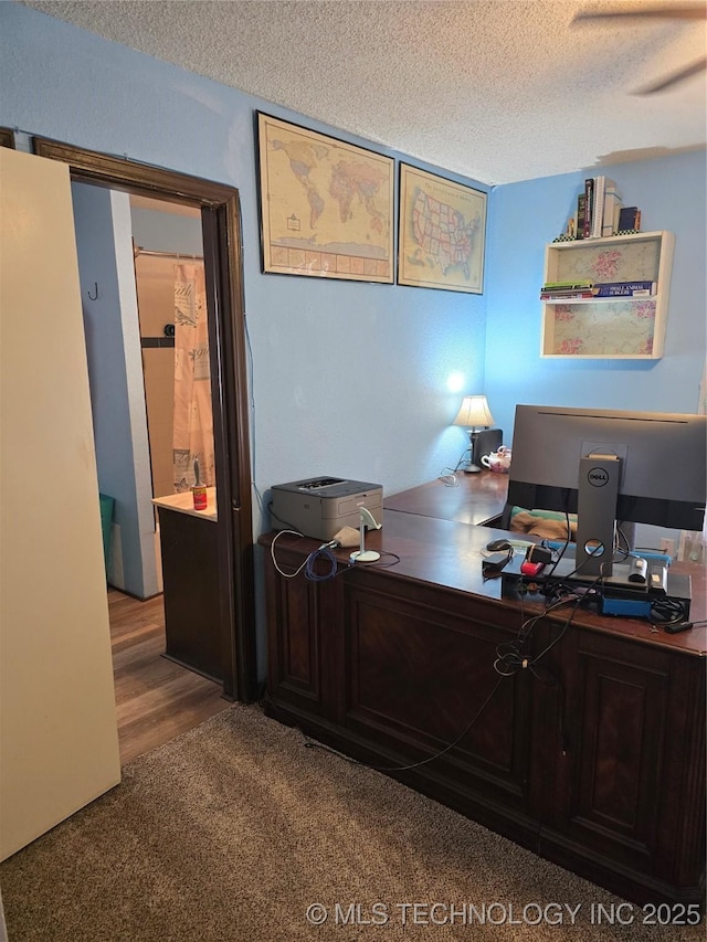 office with carpet and a textured ceiling