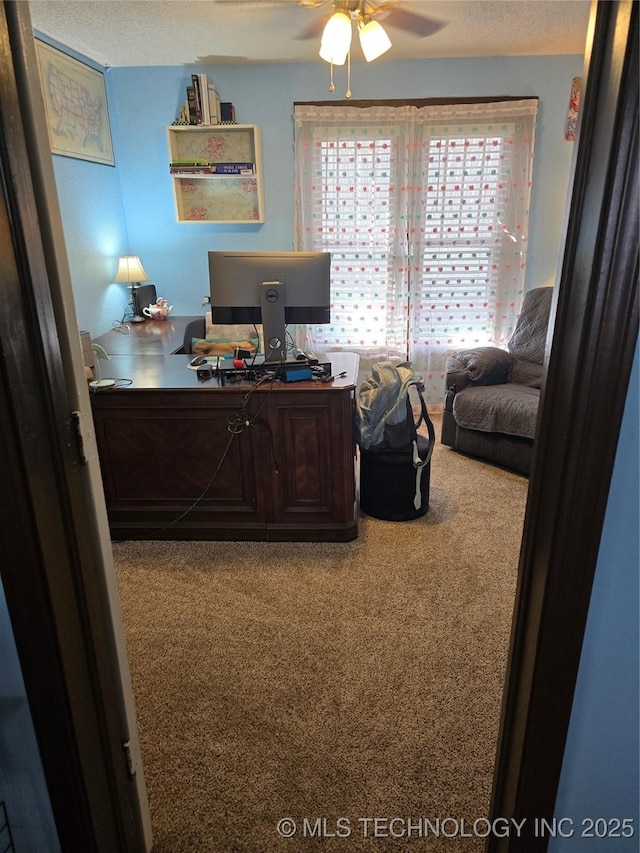 home office with ceiling fan and carpet