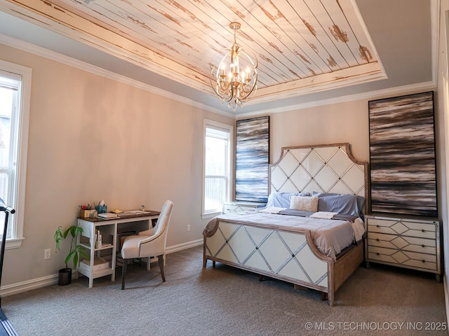 carpeted bedroom with crown molding and wooden ceiling