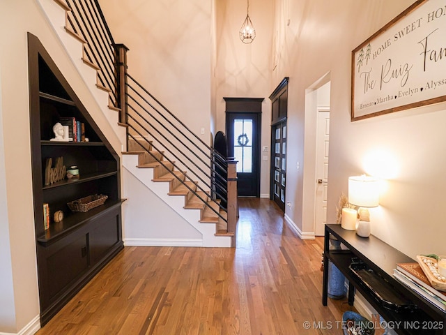 foyer with a towering ceiling and wood-type flooring