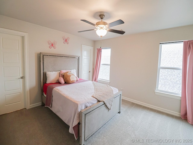 carpeted bedroom featuring ceiling fan