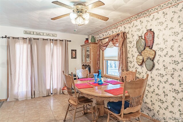 432756 E 320th Rd, Big Cabin, OK 74332 - dining space featuring a ceiling fan, light tile patterned floors, and wallpapered walls