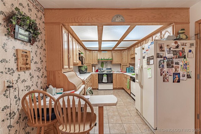 432756 E 320th Rd, Big Cabin, OK 74332 - kitchen featuring range with electric stovetop, light countertops, light tile patterned floors, white refrigerator with ice dispenser, and wallpapered walls