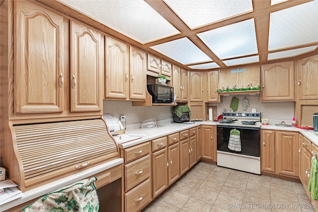 432756 E 320th Rd, Big Cabin, OK 74332 - kitchen featuring black microwave, light countertops, range with electric cooktop, and light tile patterned floors