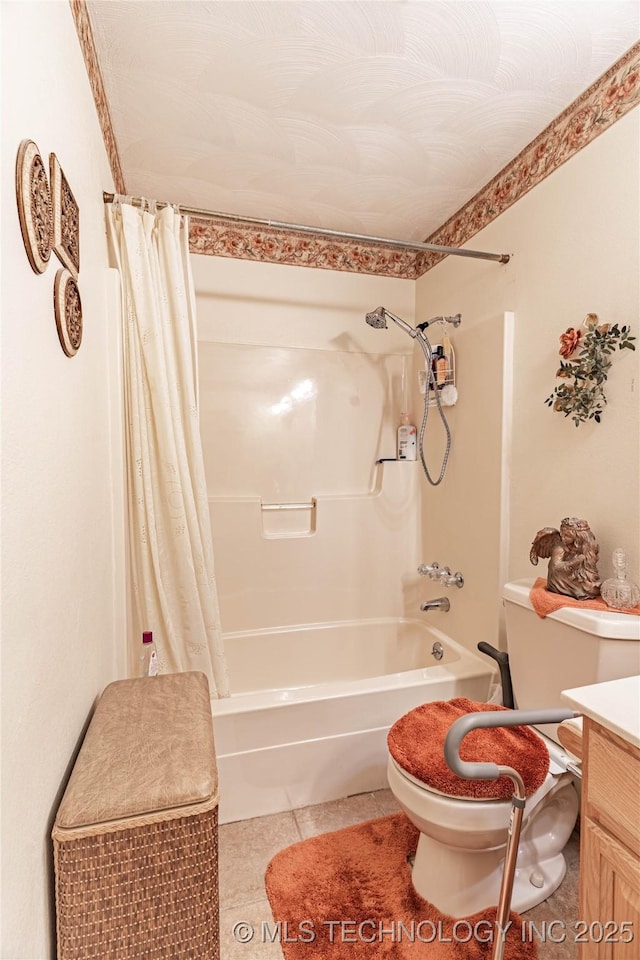 full bathroom with shower / tub combo with curtain, vanity, tile patterned flooring, and toilet