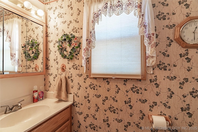 432756 E 320th Rd, Big Cabin, OK 74332 - bathroom featuring wallpapered walls and vanity