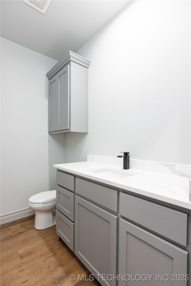 bathroom with wood-type flooring, vanity, and toilet