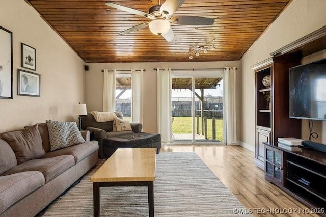 living room with wood ceiling, light hardwood / wood-style flooring, ceiling fan, and vaulted ceiling