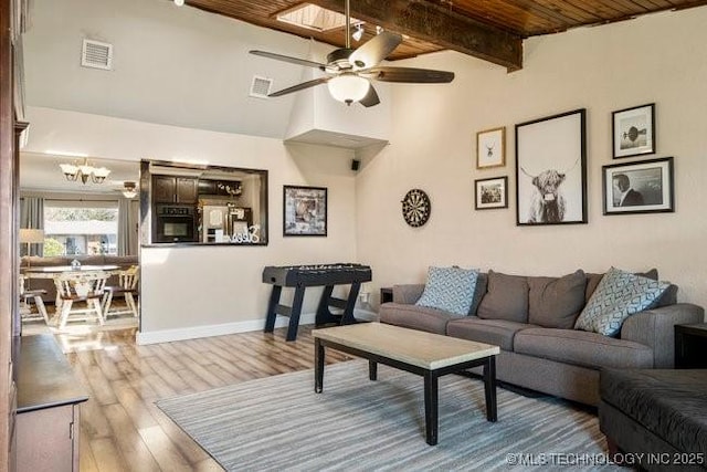 living room with wood ceiling, high vaulted ceiling, light hardwood / wood-style flooring, beam ceiling, and ceiling fan with notable chandelier