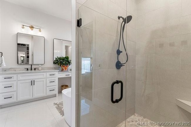 bathroom with vanity, separate shower and tub, and tile patterned floors