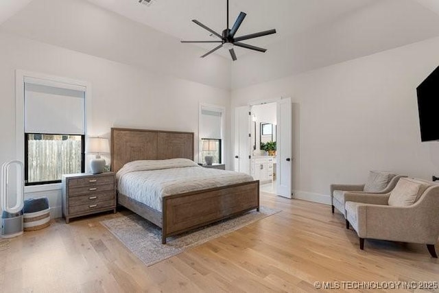 bedroom with ceiling fan and light hardwood / wood-style floors