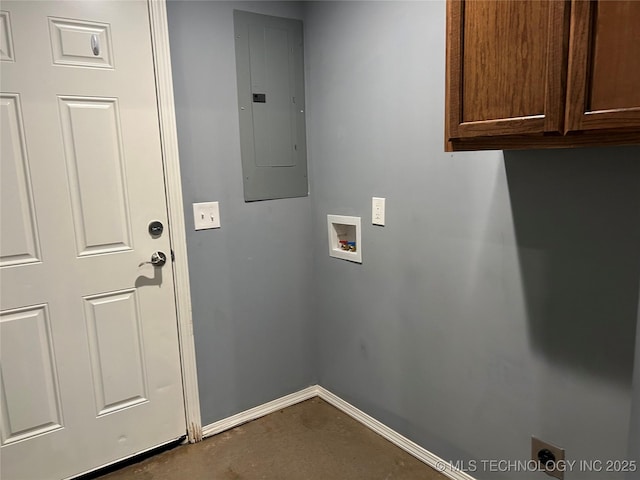 laundry area with cabinets, washer hookup, hookup for an electric dryer, and electric panel