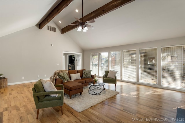 living room with beam ceiling, light hardwood / wood-style flooring, high vaulted ceiling, and ceiling fan