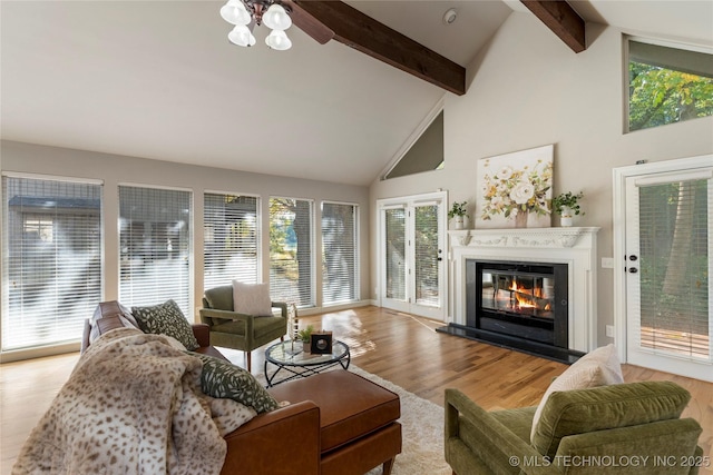 living room with beamed ceiling, high vaulted ceiling, a healthy amount of sunlight, and light hardwood / wood-style floors