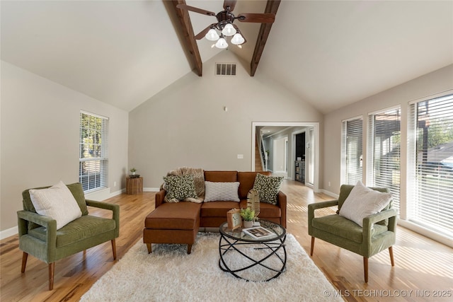 living room featuring beam ceiling, ceiling fan, high vaulted ceiling, and light wood-type flooring