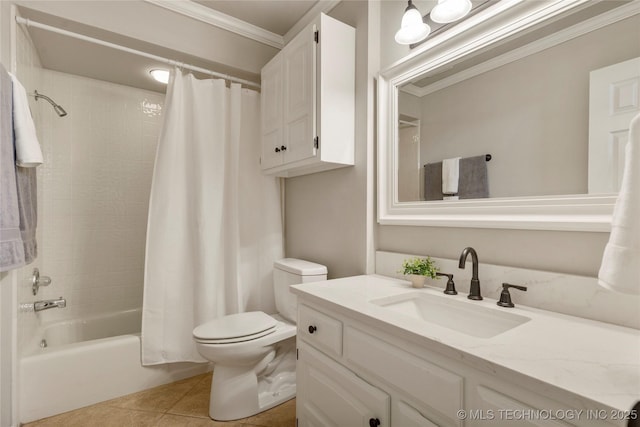 full bathroom with shower / bath combination with curtain, ornamental molding, vanity, toilet, and tile patterned floors