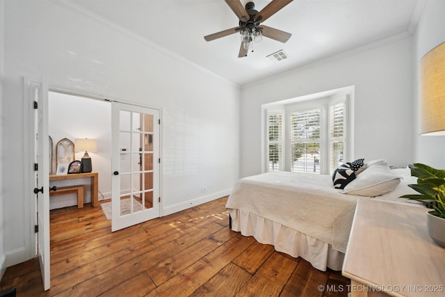 bedroom featuring hardwood / wood-style flooring, ornamental molding, french doors, and ceiling fan