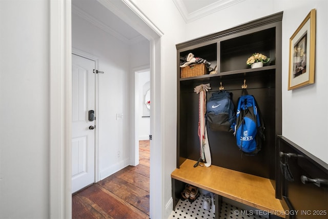 mudroom featuring crown molding and dark wood-type flooring