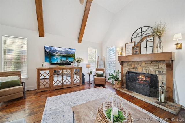 living room with dark wood-type flooring, a fireplace, high vaulted ceiling, and beam ceiling