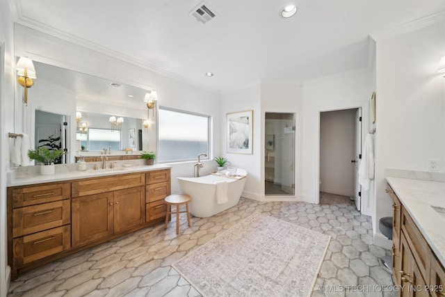 bathroom with vanity, ornamental molding, a chandelier, and separate shower and tub