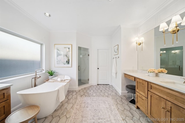 bathroom featuring vanity, ornamental molding, and plus walk in shower