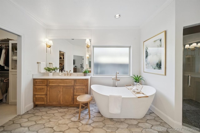 bathroom featuring ornamental molding, shower with separate bathtub, and vanity