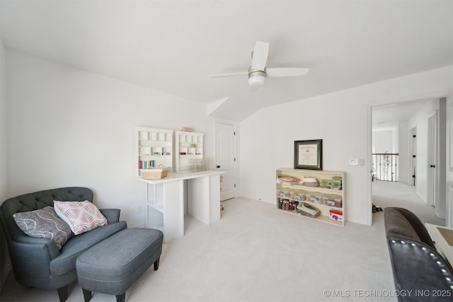 sitting room with light carpet and ceiling fan