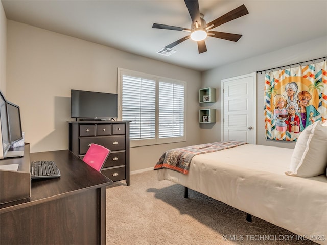 bedroom with light carpet and ceiling fan