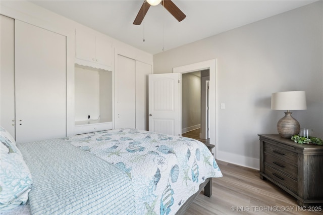 bedroom featuring ceiling fan and light hardwood / wood-style floors