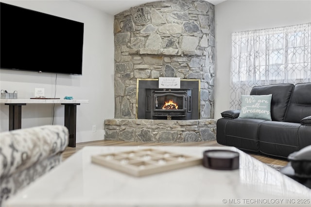 living room featuring hardwood / wood-style flooring and a fireplace