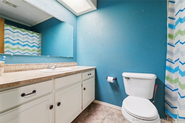 bathroom with vanity, tile patterned flooring, toilet, and a shower with shower curtain