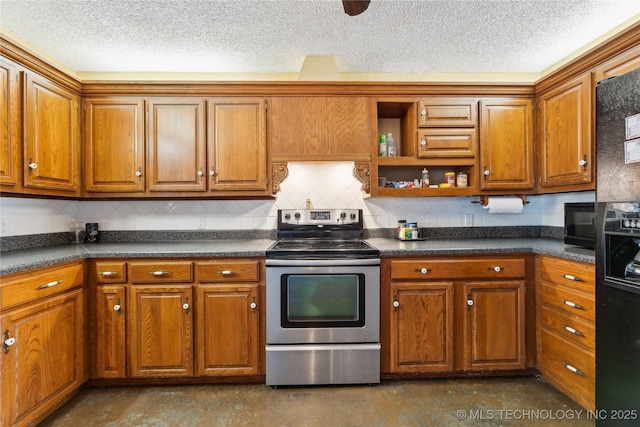 kitchen featuring a textured ceiling, stainless steel range with electric cooktop, backsplash, and black refrigerator with ice dispenser