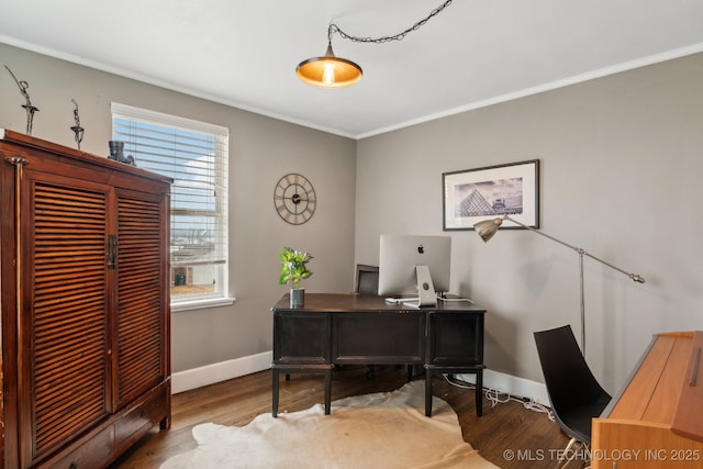 office space with hardwood / wood-style flooring and ornamental molding