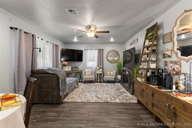 living room with ceiling fan