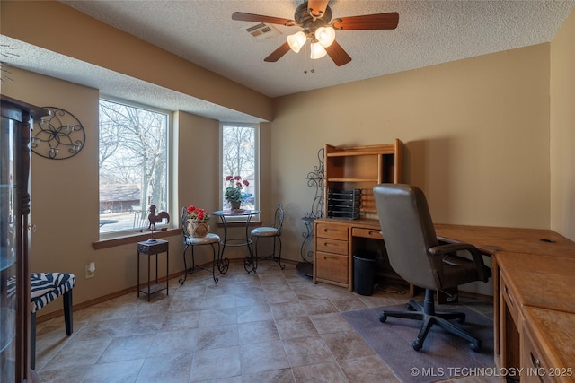 office area featuring ceiling fan and a textured ceiling