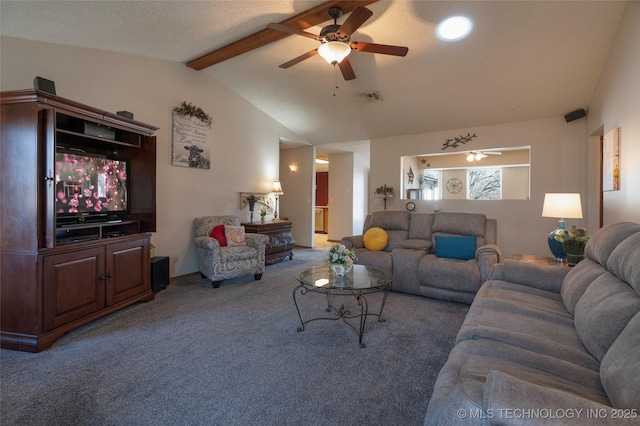 living room with carpet flooring, vaulted ceiling with beams, and ceiling fan