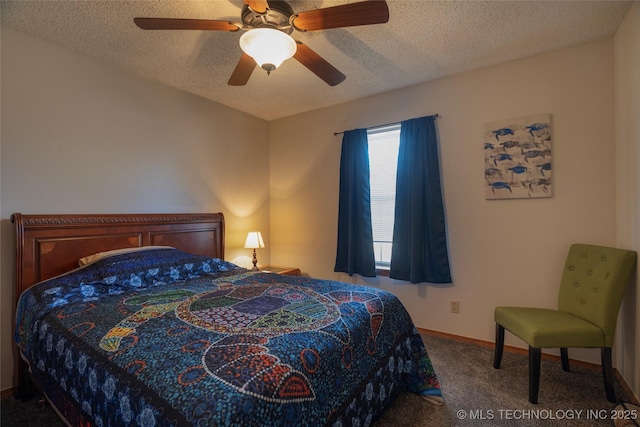 carpeted bedroom featuring ceiling fan and a textured ceiling