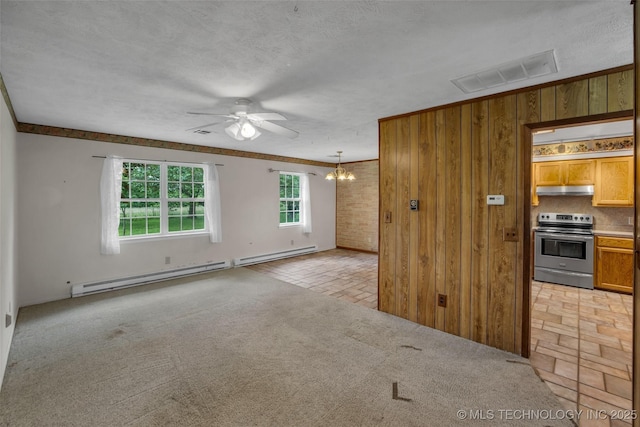 unfurnished living room with crown molding, baseboard heating, a textured ceiling, light carpet, and ceiling fan with notable chandelier