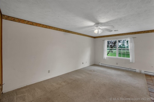 carpeted spare room with ceiling fan, a baseboard radiator, and a textured ceiling