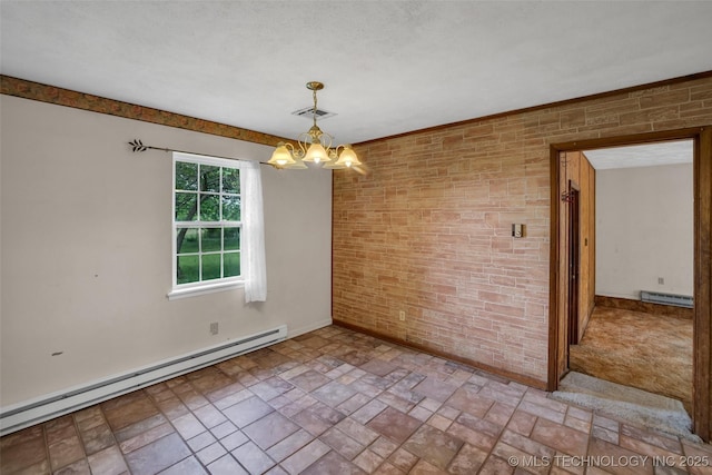 unfurnished room featuring a baseboard radiator, brick wall, and a chandelier