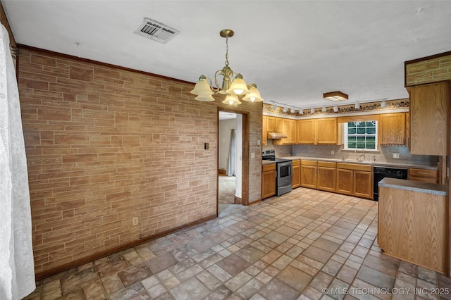 kitchen with decorative light fixtures, dishwasher, sink, a notable chandelier, and electric stove