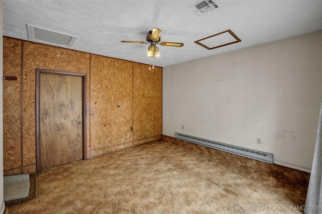 unfurnished bedroom featuring light carpet, ceiling fan, and baseboard heating