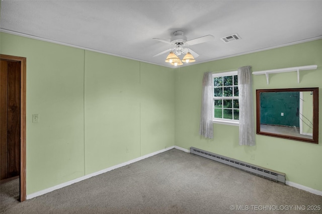 unfurnished room with ornamental molding, carpet, ceiling fan, and baseboard heating