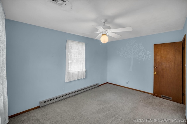 carpeted empty room with ceiling fan and baseboard heating