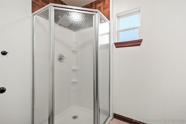 bathroom with a shower with shower door