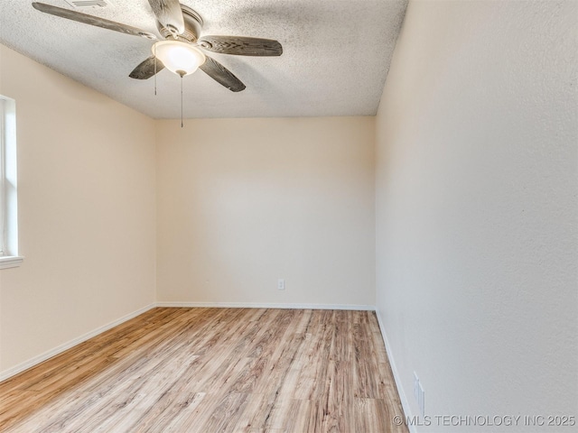 unfurnished room with a textured ceiling, light hardwood / wood-style floors, and ceiling fan