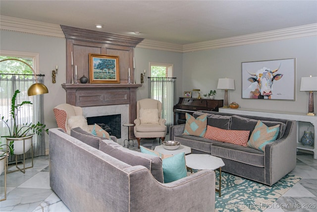 living room featuring crown molding and a premium fireplace